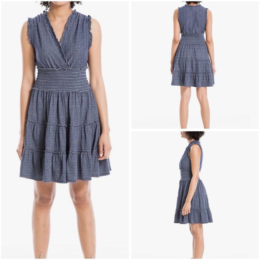 Max Studio L Smocked Stripe Mini Dress Navy White Sleeveless Surplice NWT $98